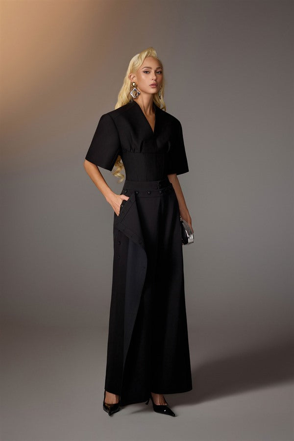 KEIRA TONG Puff-sleeve Corset Top &amp; Layered Buttons Pants