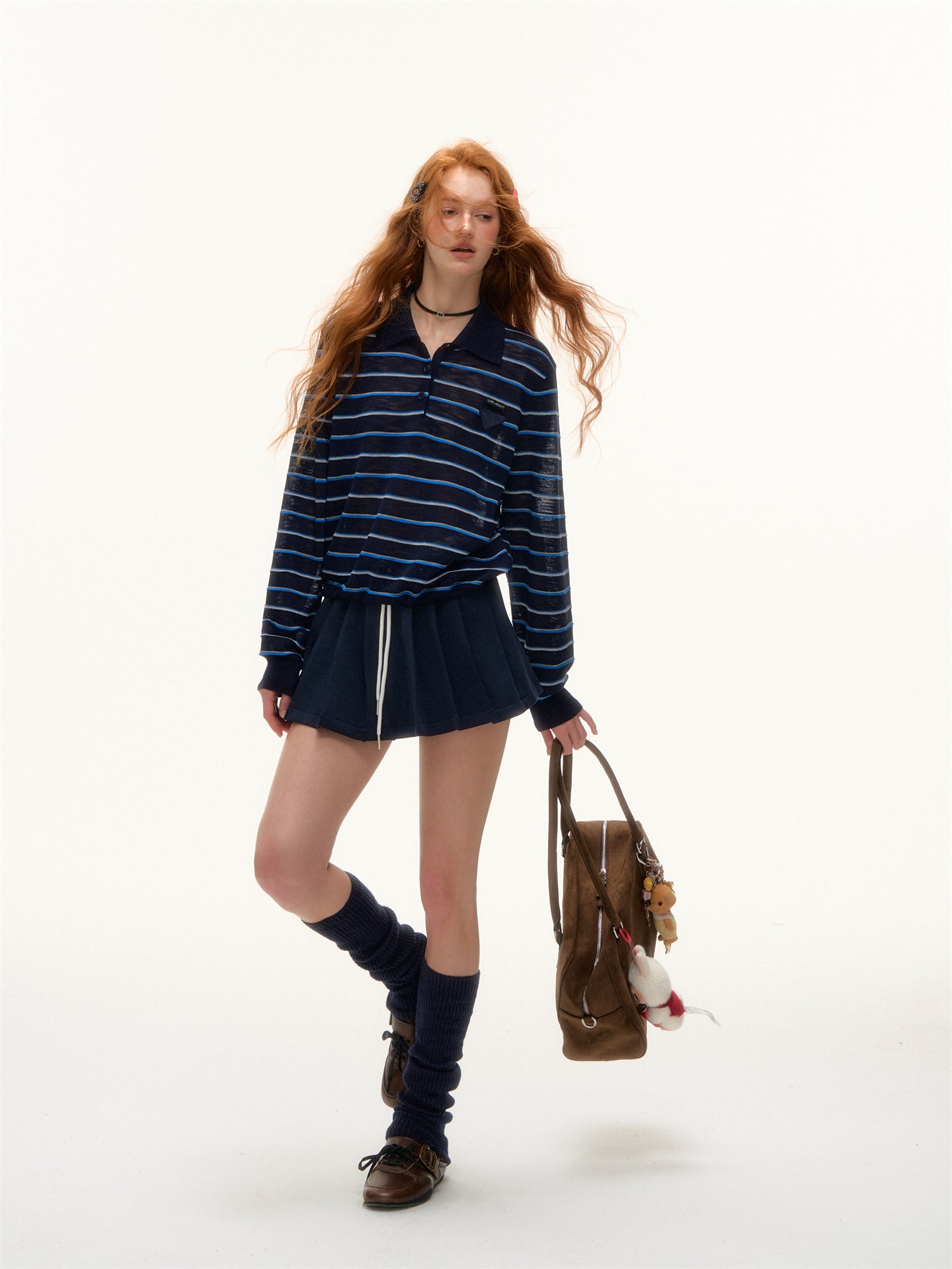 AsGony ASG25391 Striped lapel hem drawstring polo knit base top