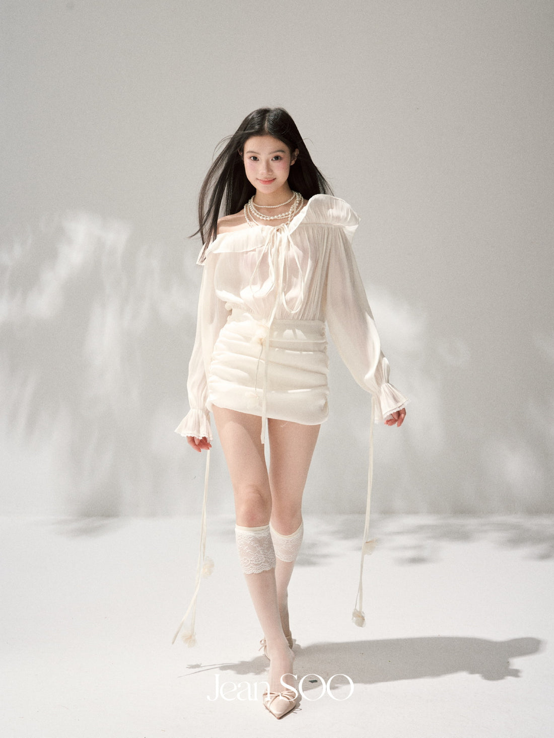 Jean Soo JS00212  Flower Chuchan Pearl Light One-shoulder Handmade Flower Chest Dress