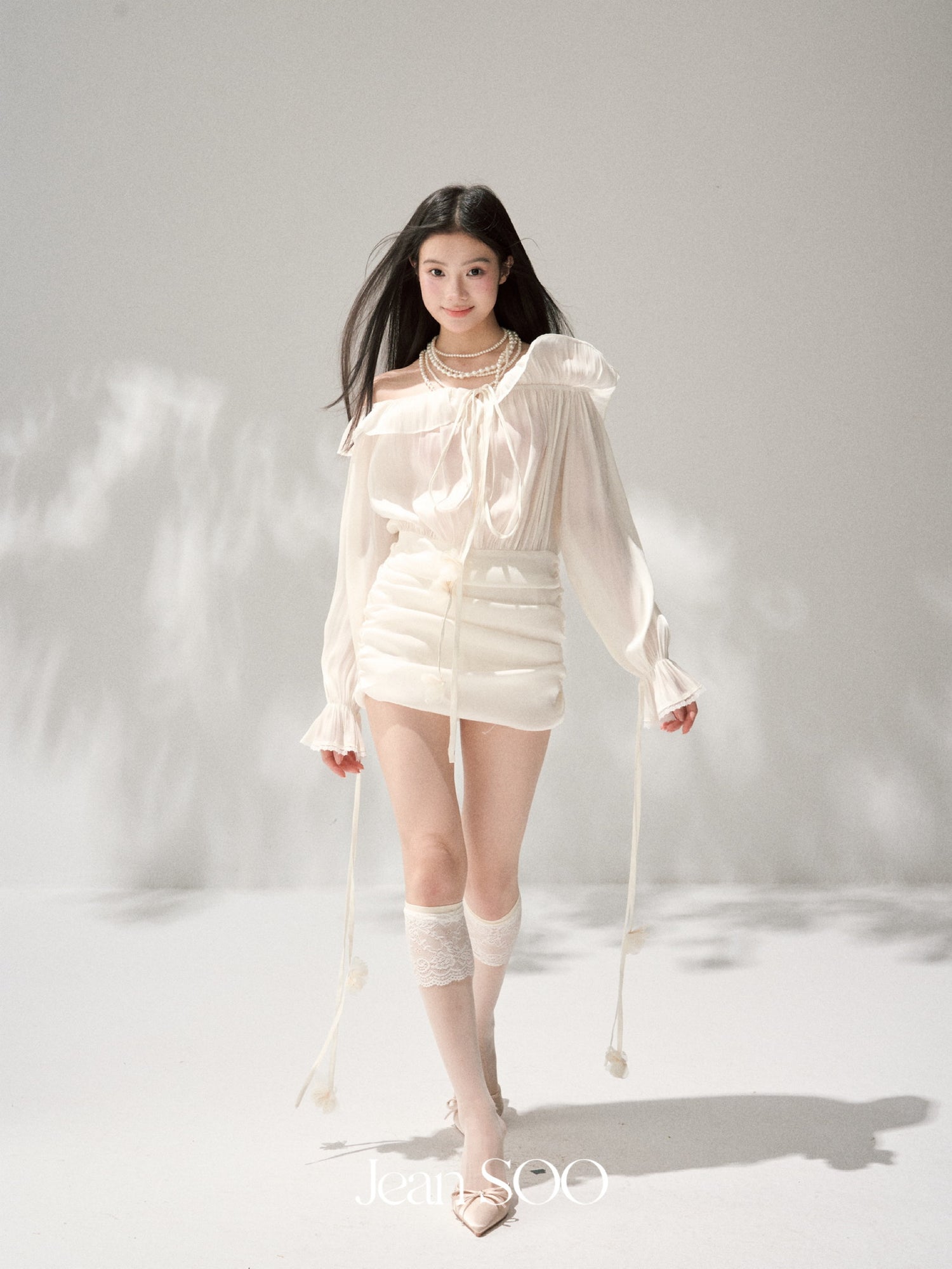 Jean Soo JS00212  Flower Chuchan Pearl Light One-shoulder Handmade Flower Chest Dress