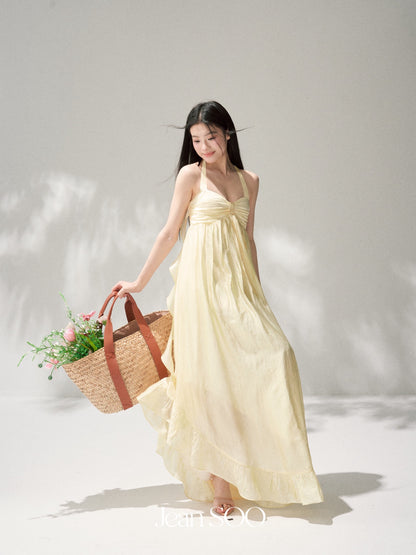 Jean Soo JS00211 Butter cream crisp French tender yellow neck-hanging holiday breast-wiping long skirt