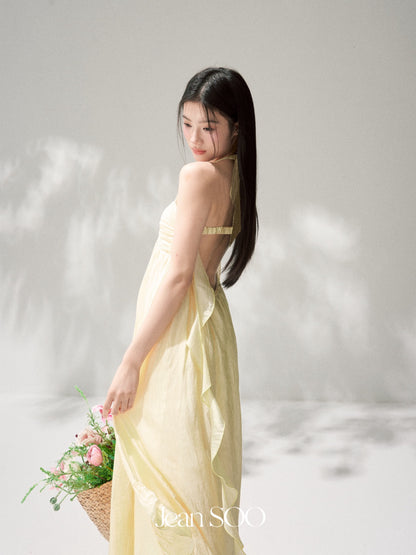 Jean Soo JS00211 Butter cream crisp French tender yellow neck-hanging holiday breast-wiping long skirt