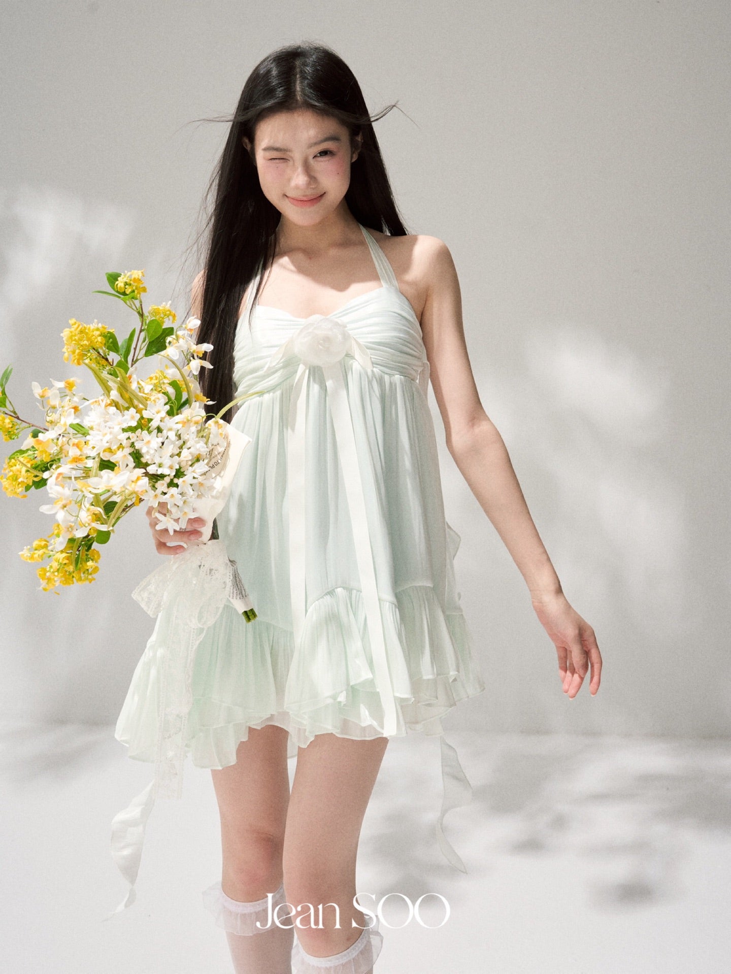 Jean Soo Mint milk green fairy light-plated lotus leaf dress