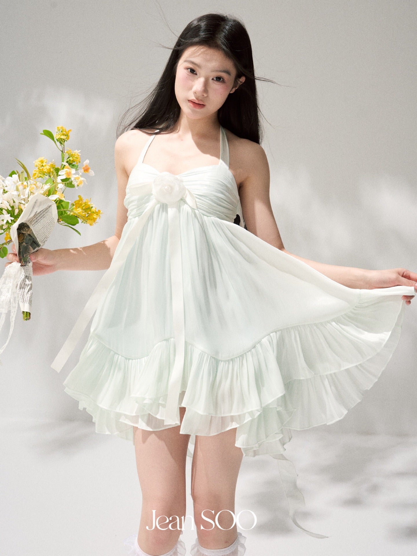 Jean Soo Mint milk green fairy light-plated lotus leaf dress