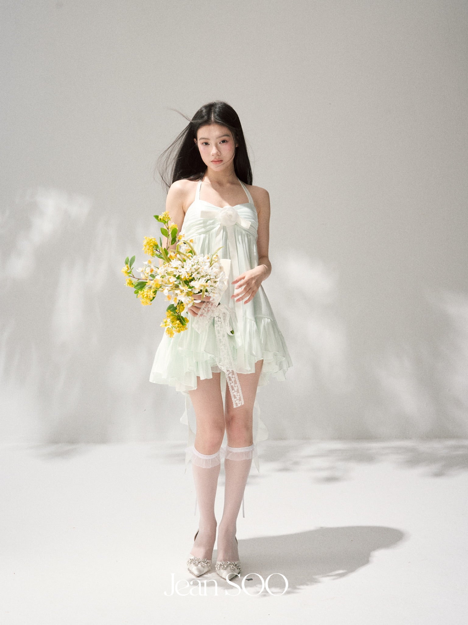 Jean Soo Mint milk green fairy light-plated lotus leaf dress