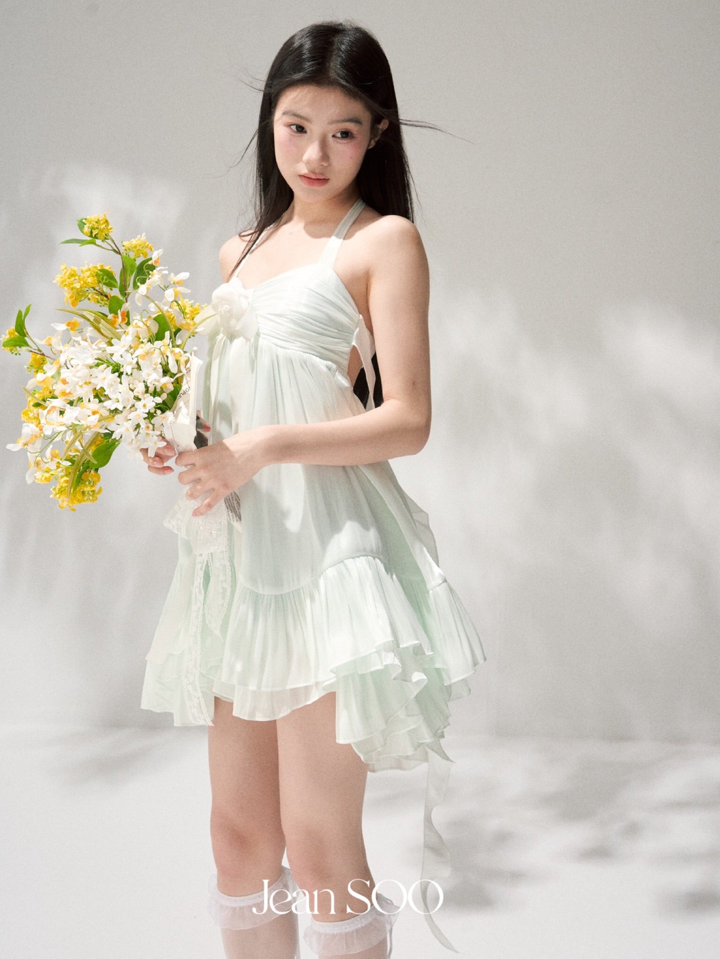 Jean Soo Mint milk green fairy light-plated lotus leaf dress