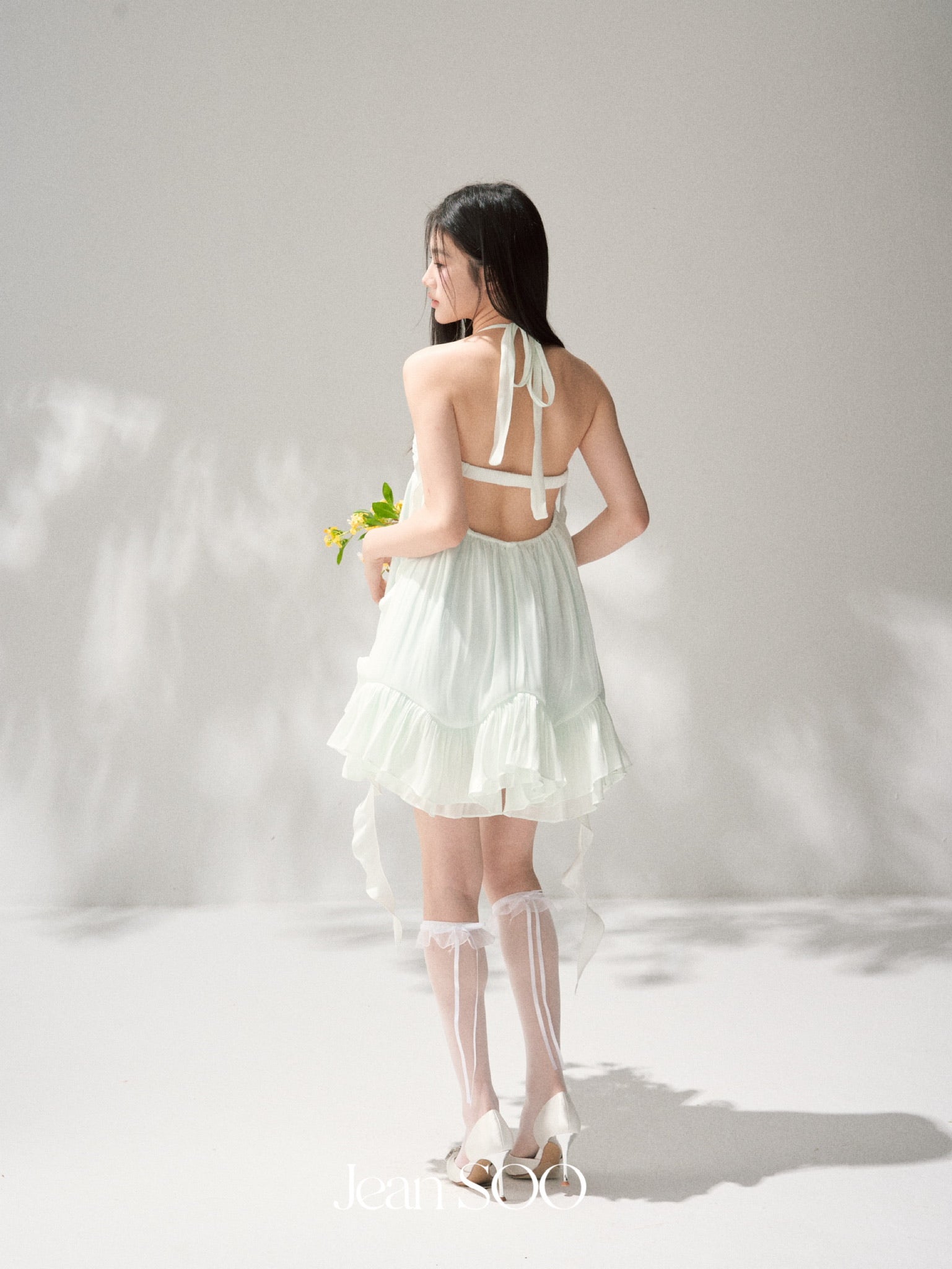 Jean Soo Mint milk green fairy light-plated lotus leaf dress
