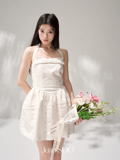 Jean Soo JS00190 Cherry blossom light dance print waist pleated hanging neck fluffy skirt