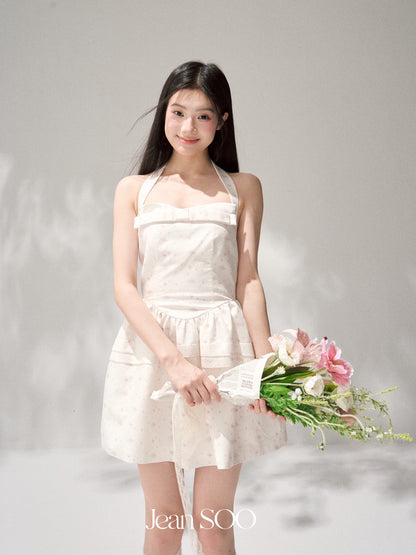 Jean Soo JS00190 Cherry blossom light dance print waist pleated hanging neck fluffy skirt