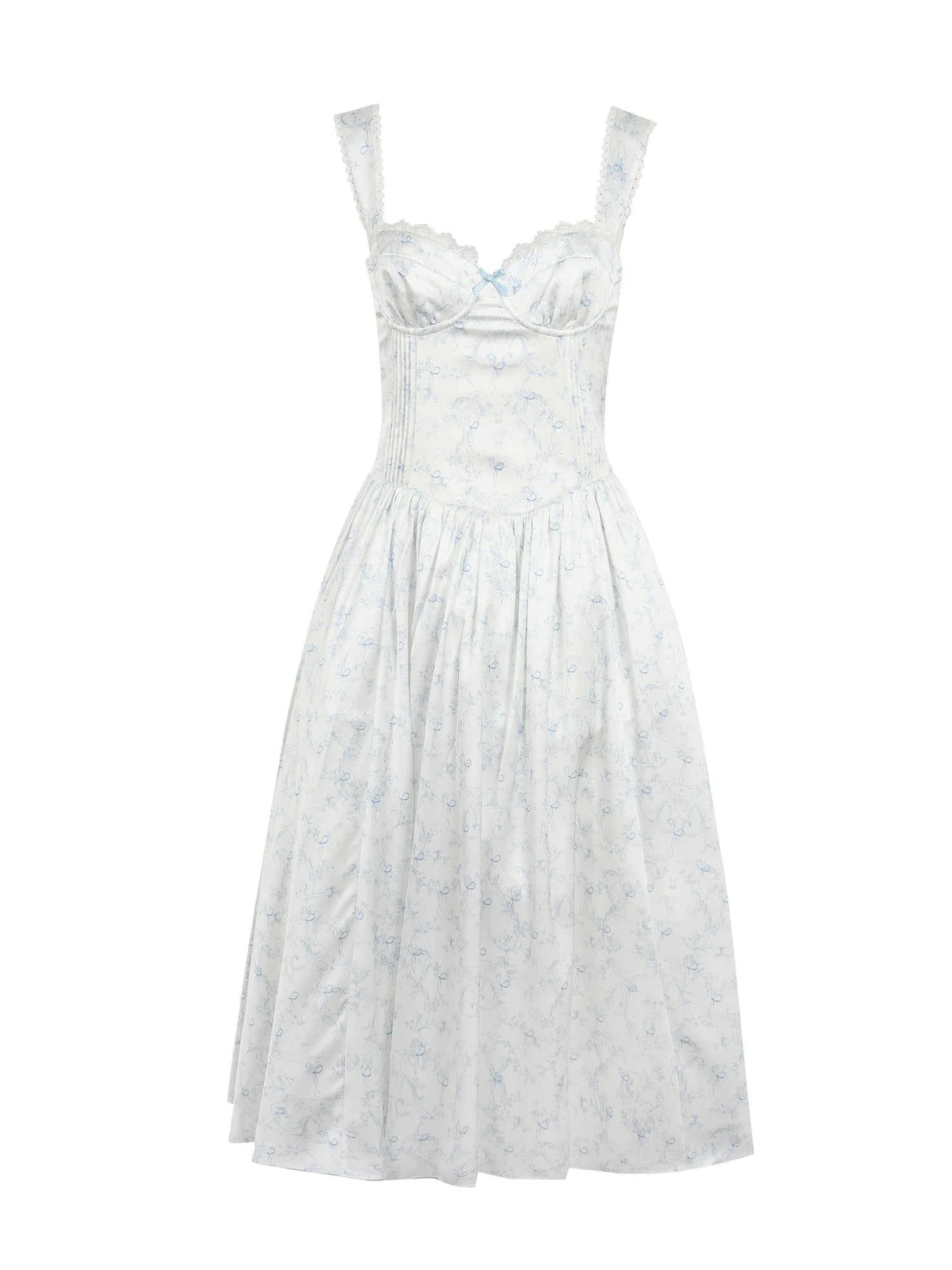 Jean Soo JS00198 Silver Frost Flower Language Retro Romantic Tucker Pleated Waist Satin Printed Long Skirt