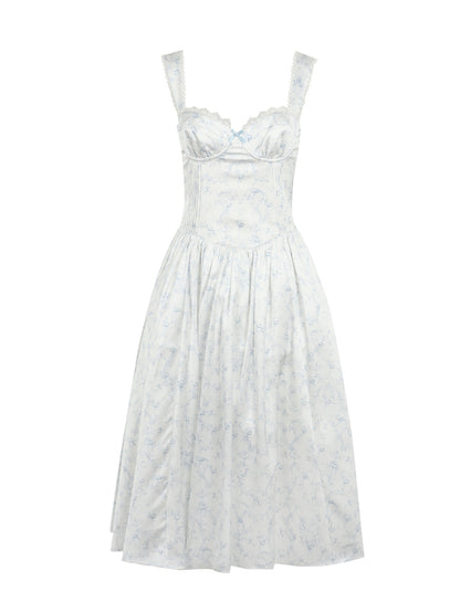 Jean Soo JS00198 Silver Frost Flower Language Retro Romantic Tucker Pleated Waist Satin Printed Long Skirt