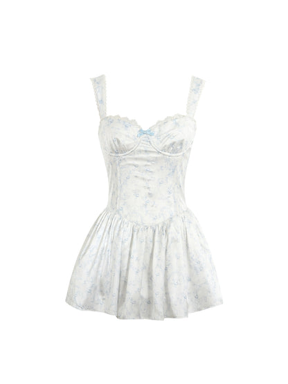 Jean Soo JS00207 Silver frost flower language waist satin printed fluffy suspender jumpsuit short skirt