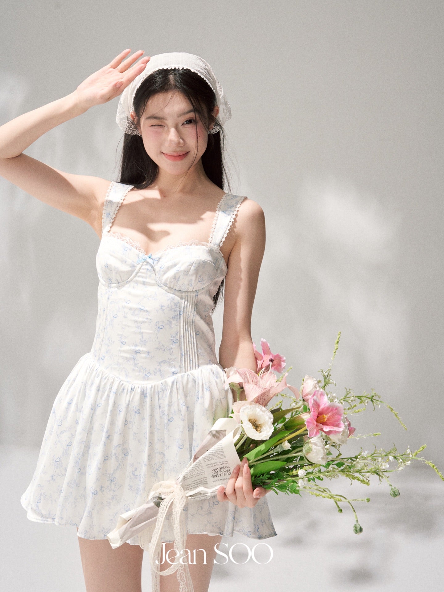 Jean Soo waist satin printed fluffy suspender dress