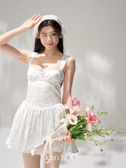 Jean Soo JS00207 Silver frost flower language waist satin printed fluffy suspender jumpsuit short skirt