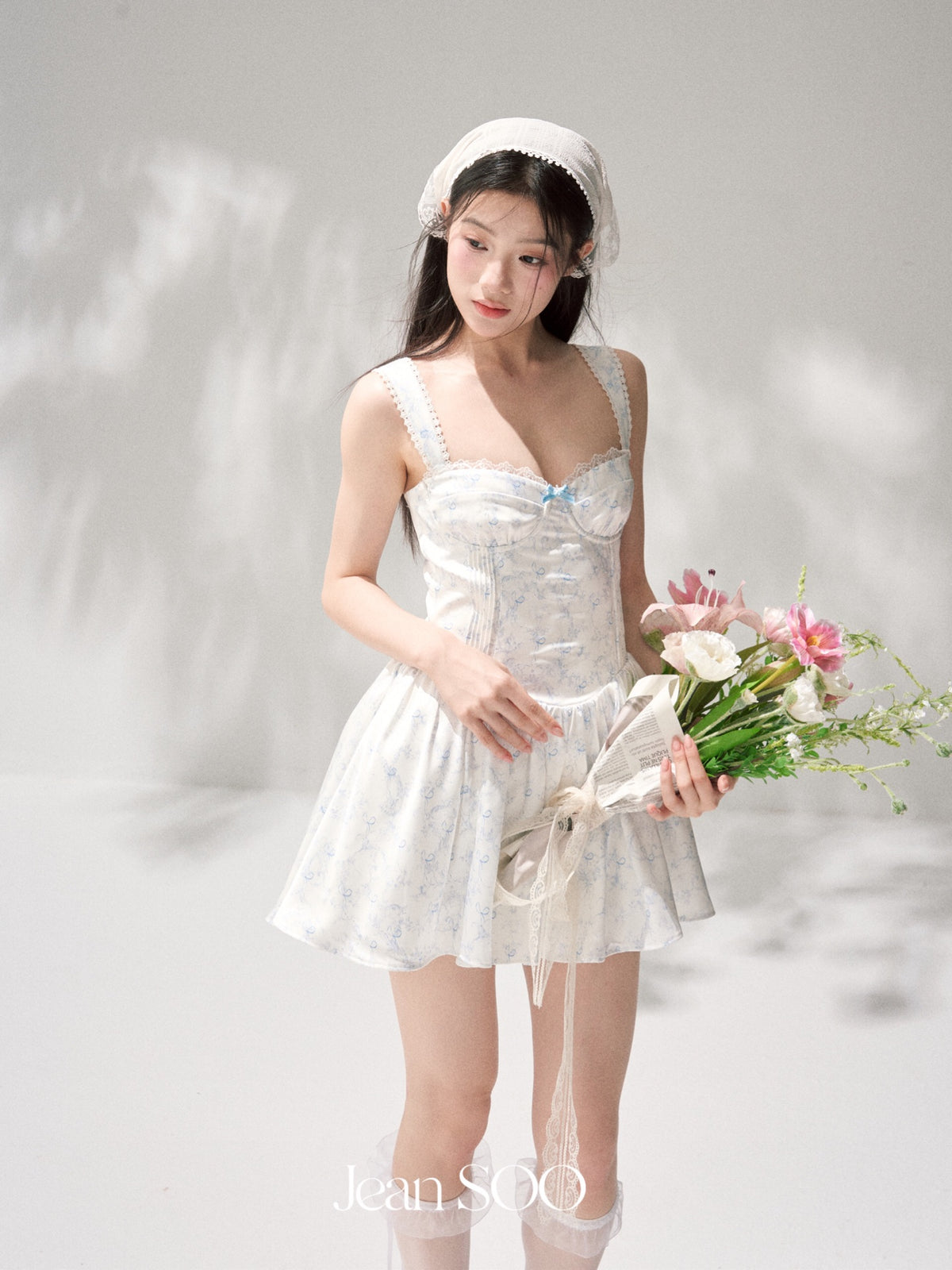 Jean Soo waist satin printed fluffy suspender dress
