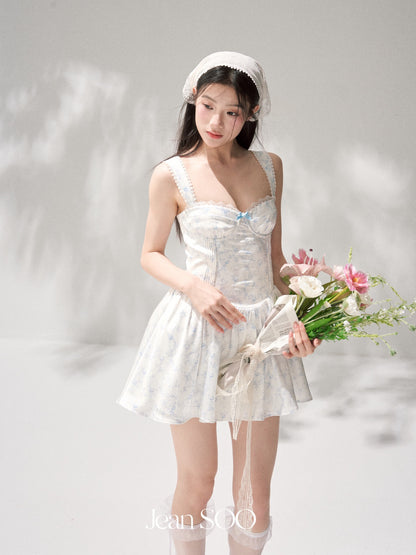 Jean Soo JS00207 Silver frost flower language waist satin printed fluffy suspender jumpsuit short skirt