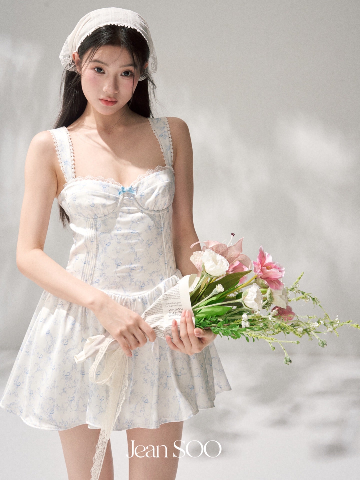 Jean Soo waist satin printed fluffy suspender dress
