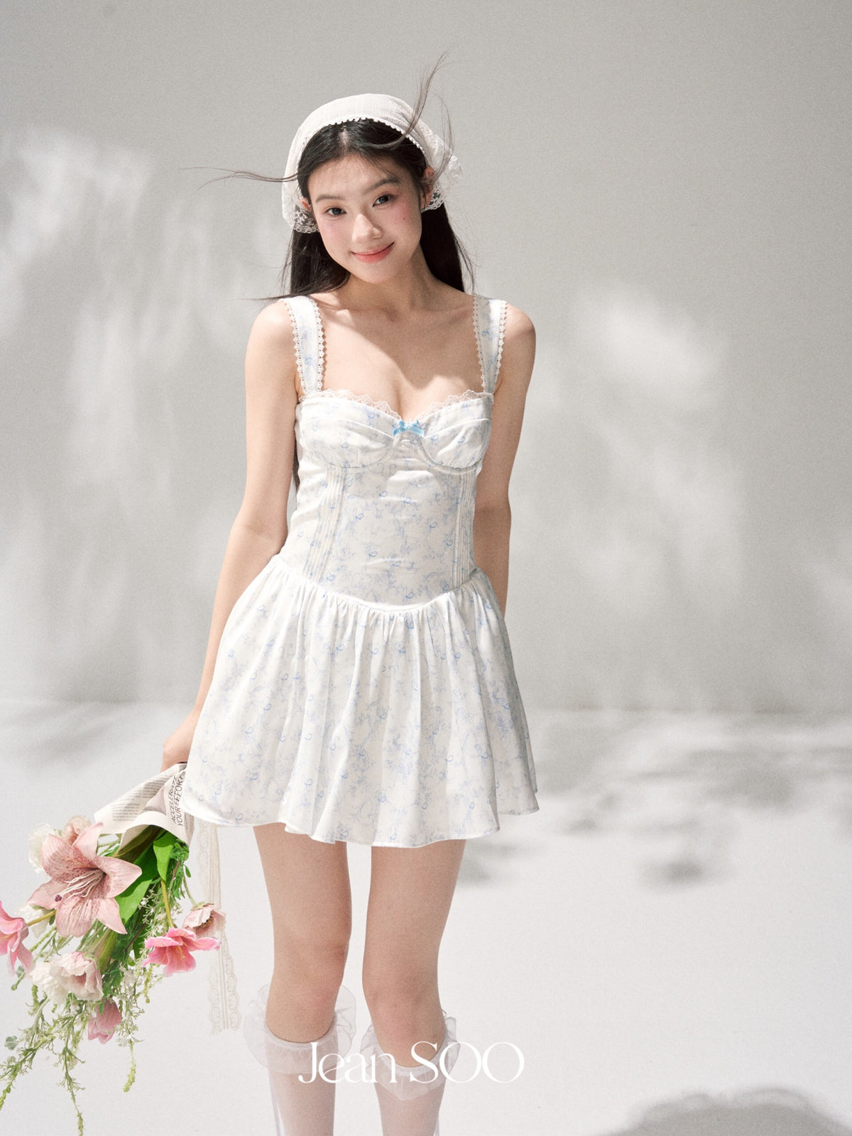 Jean Soo waist satin printed fluffy suspender dress