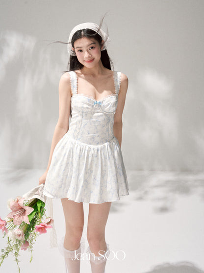 Jean Soo JS00207 Silver frost flower language waist satin printed fluffy suspender jumpsuit short skirt