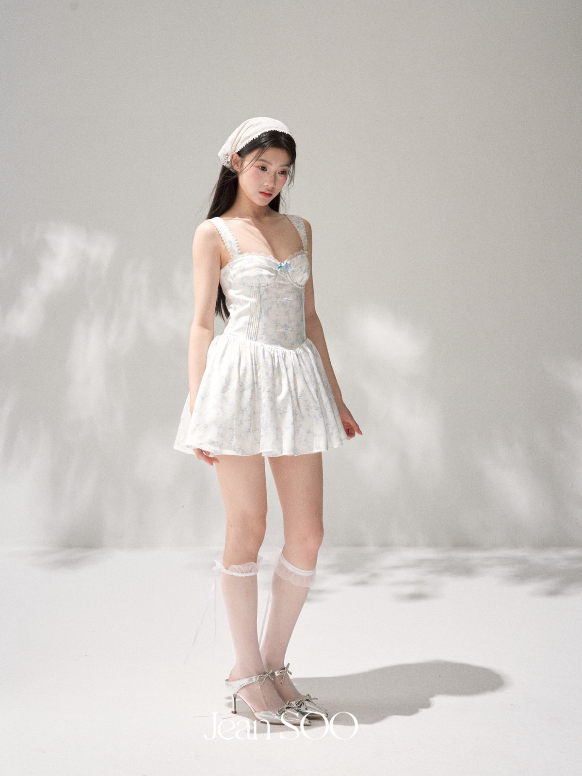 Jean Soo waist satin printed fluffy suspender dress
