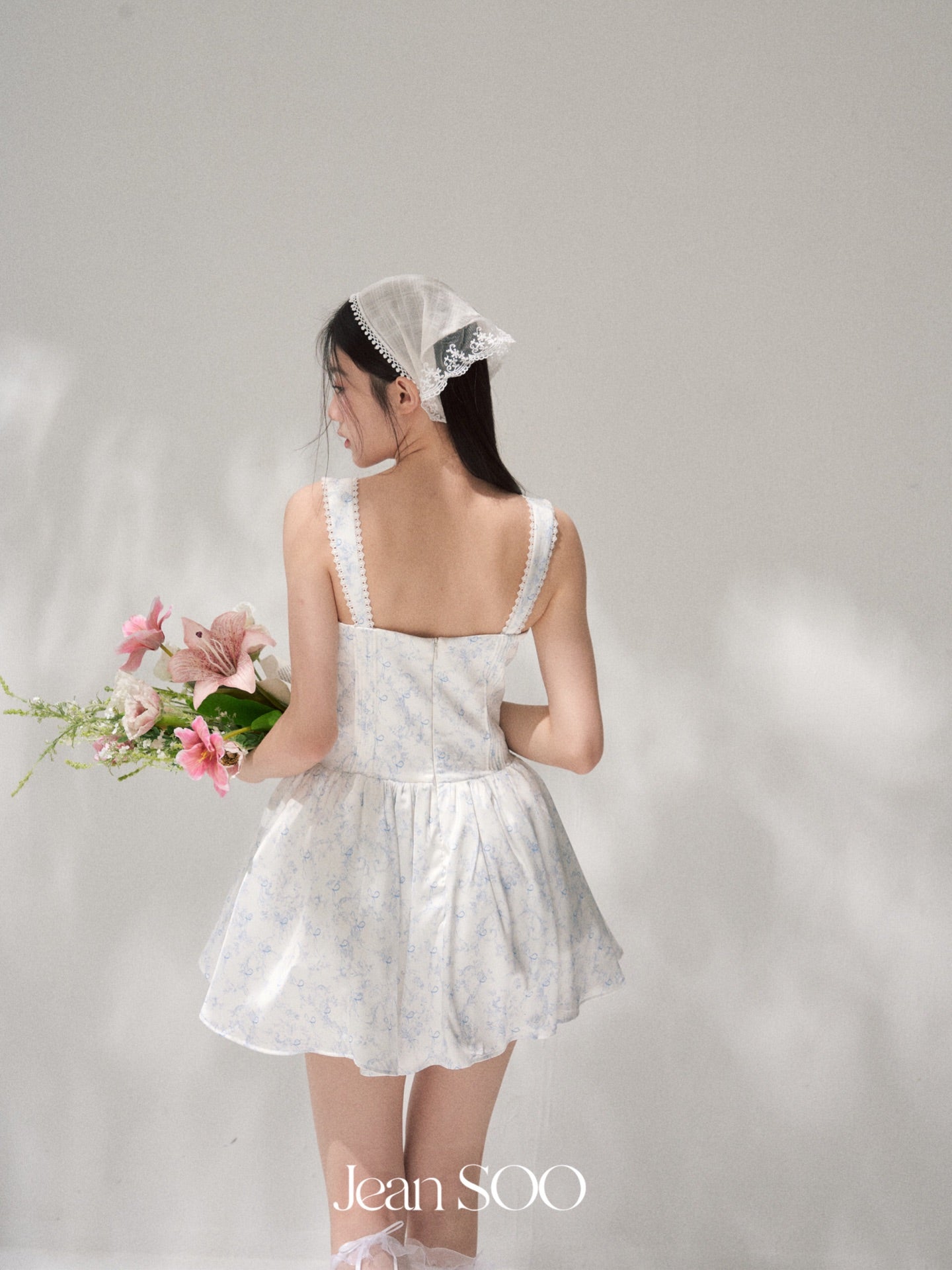 Jean Soo waist satin printed fluffy suspender dress