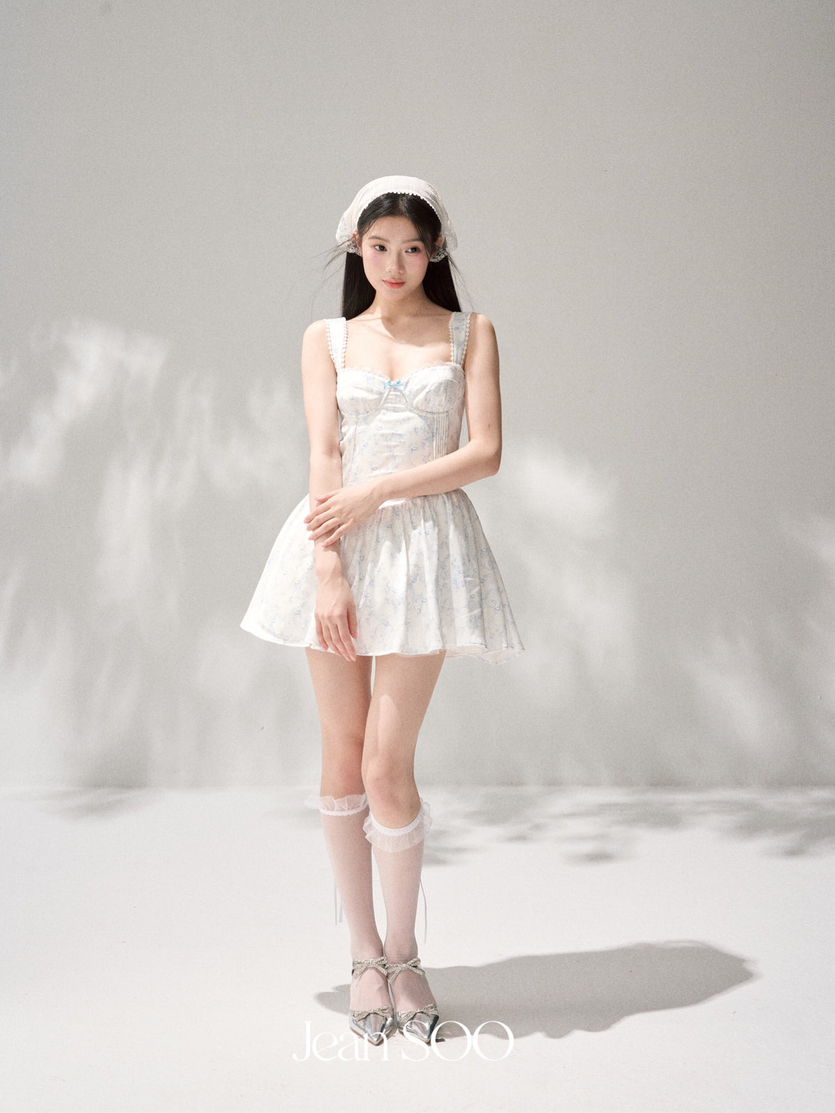 Jean Soo waist satin printed fluffy suspender dress