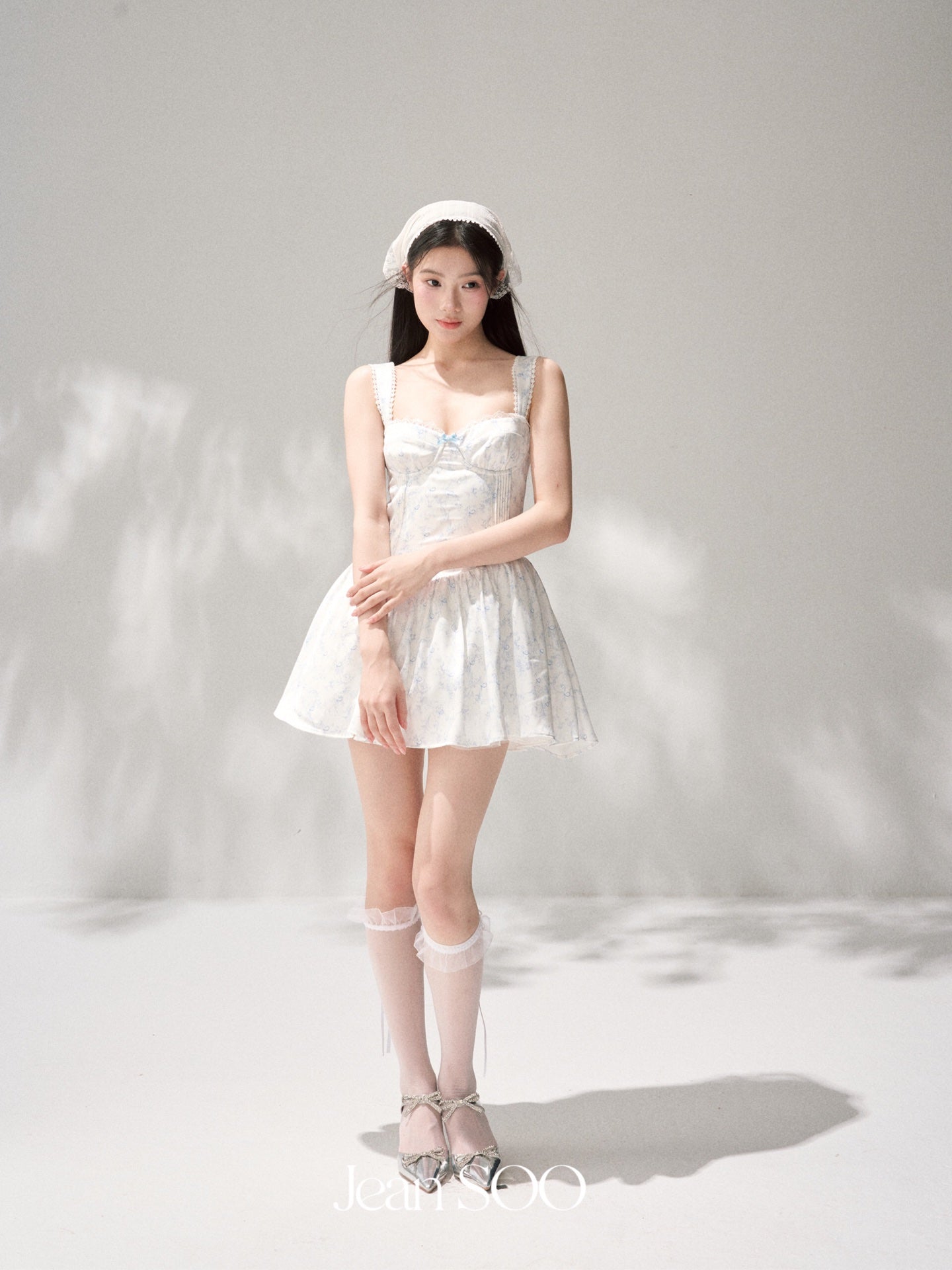 Jean Soo JS00207 Silver frost flower language waist satin printed fluffy suspender jumpsuit short skirt