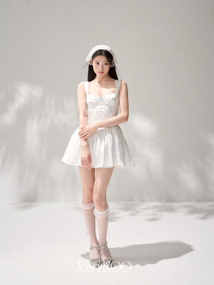 Jean Soo JS00207 Silver frost flower language waist satin printed fluffy suspender jumpsuit short skirt