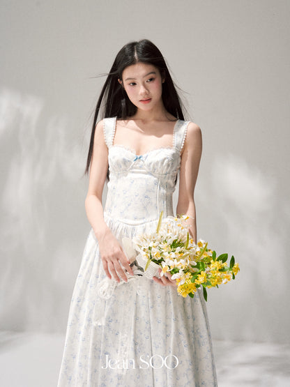 Jean Soo JS00198 Silver Frost Flower Language Retro Romantic Tucker Pleated Waist Satin Printed Long Skirt