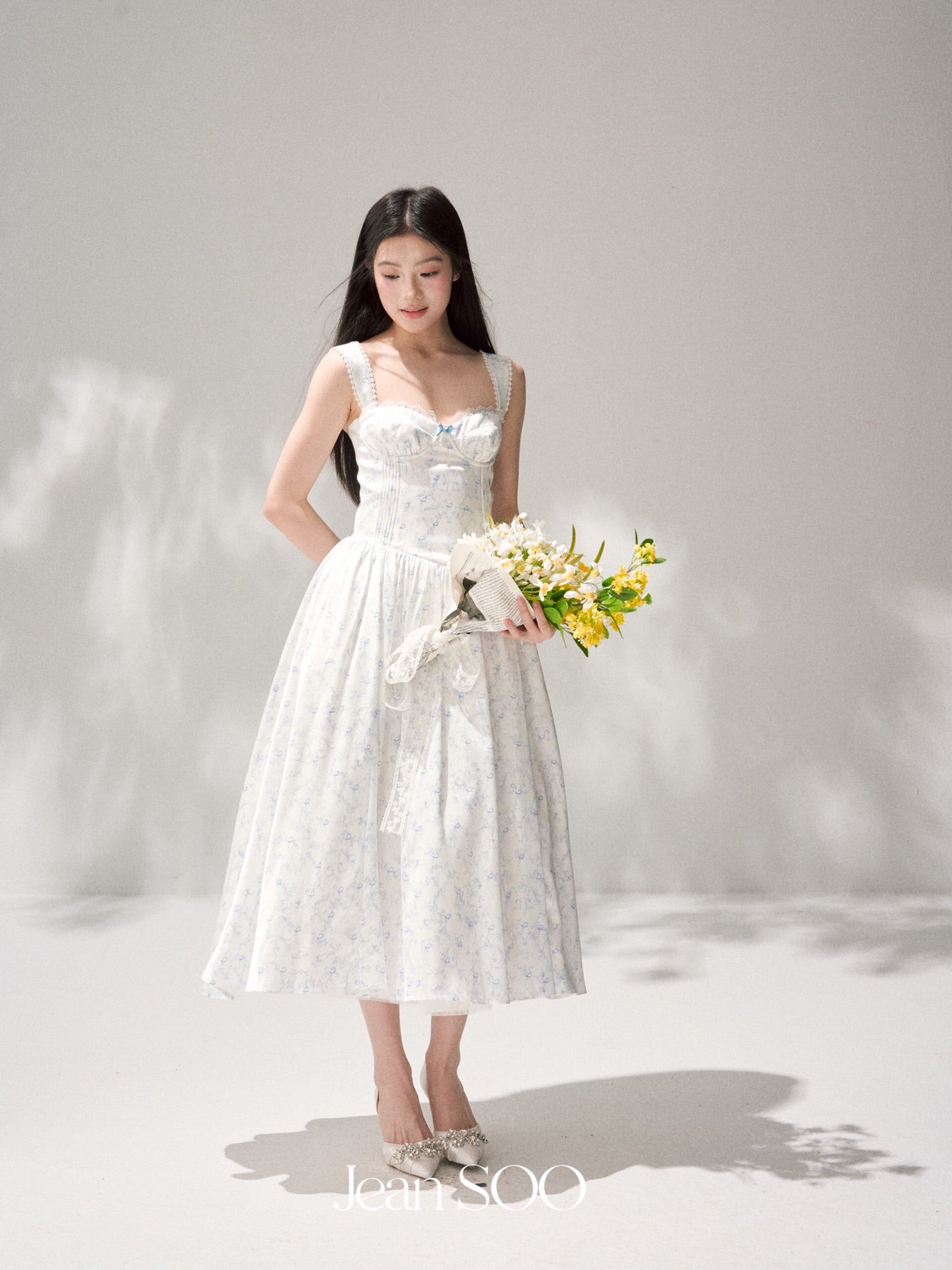 Jean Soo Retro Romantic Tucker Pleated Waist Satin Printed Long Dress