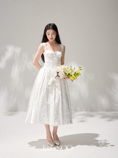 Jean Soo JS00198 Silver Frost Flower Language Retro Romantic Tucker Pleated Waist Satin Printed Long Skirt