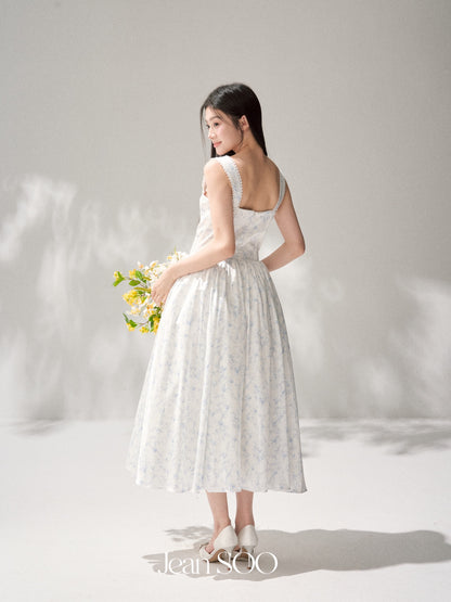 Jean Soo JS00198 Silver Frost Flower Language Retro Romantic Tucker Pleated Waist Satin Printed Long Skirt
