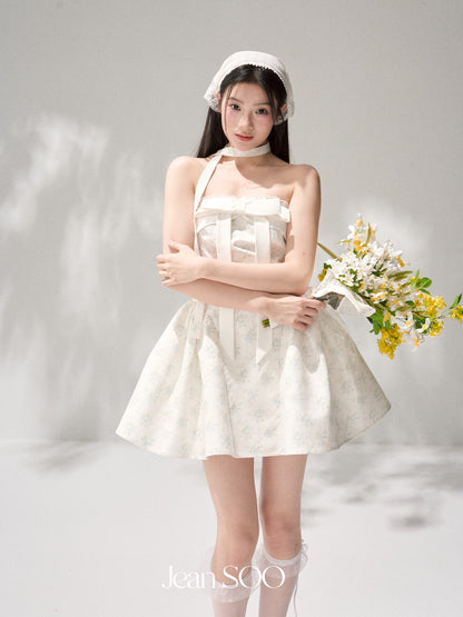 Jean Soo JS00191 Sea salt mint broken flower split waist stitching bow chest lotus skirt