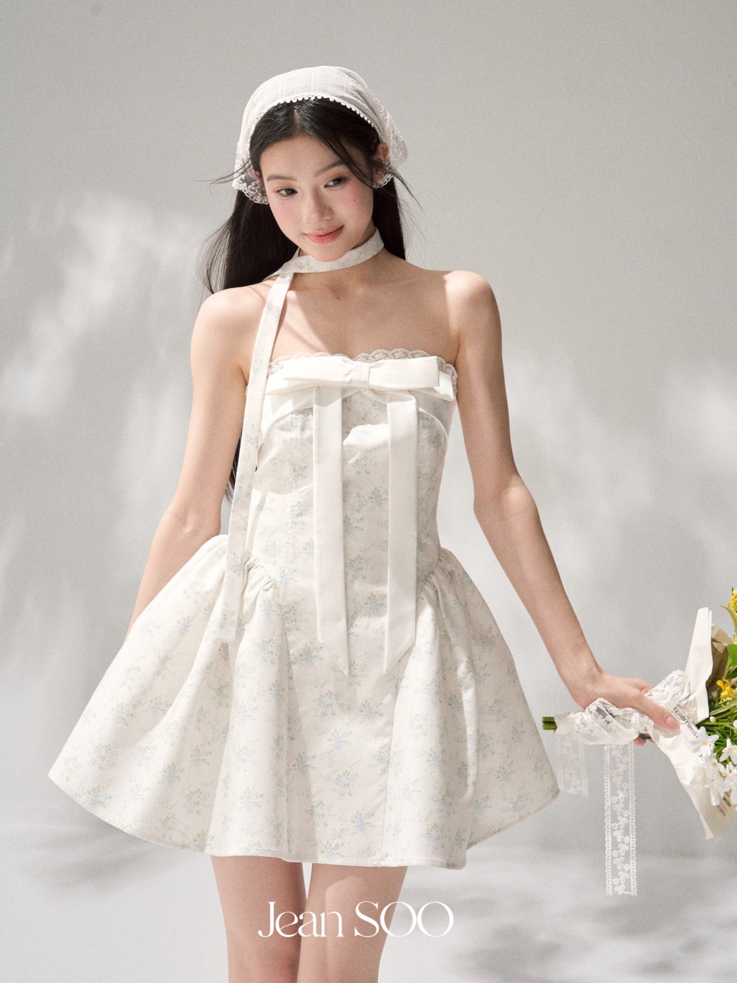 Jean Soo mint broken flower split waist lotus dress