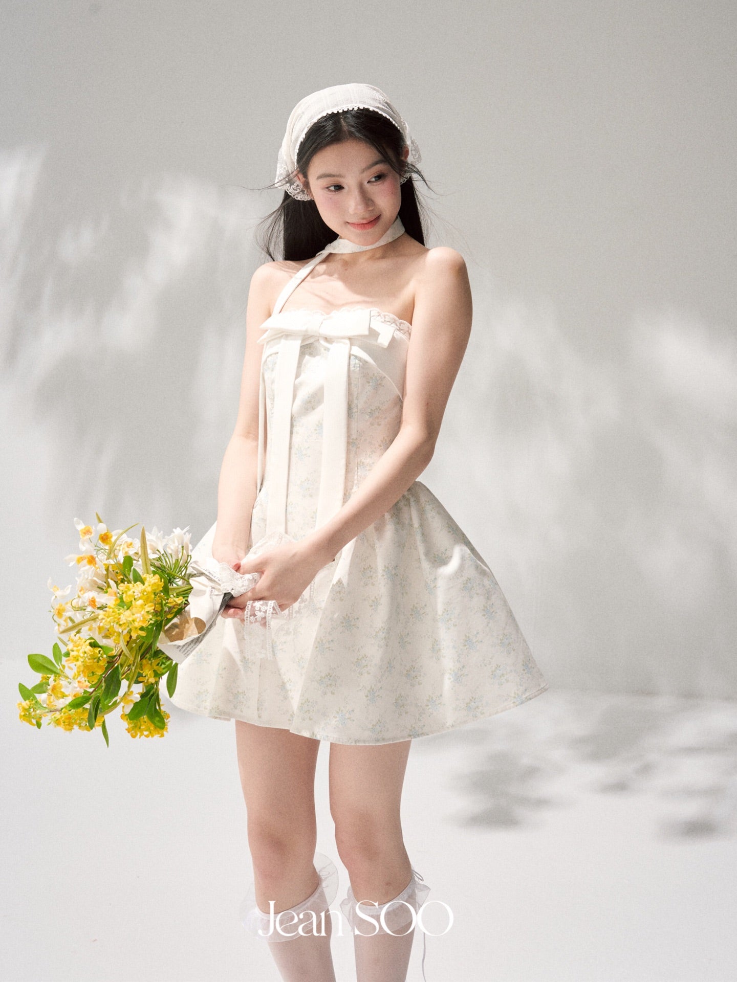Jean Soo mint broken flower split waist lotus dress