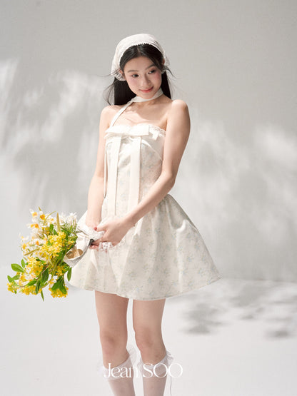Jean Soo JS00191 Sea salt mint broken flower split waist stitching bow chest lotus skirt