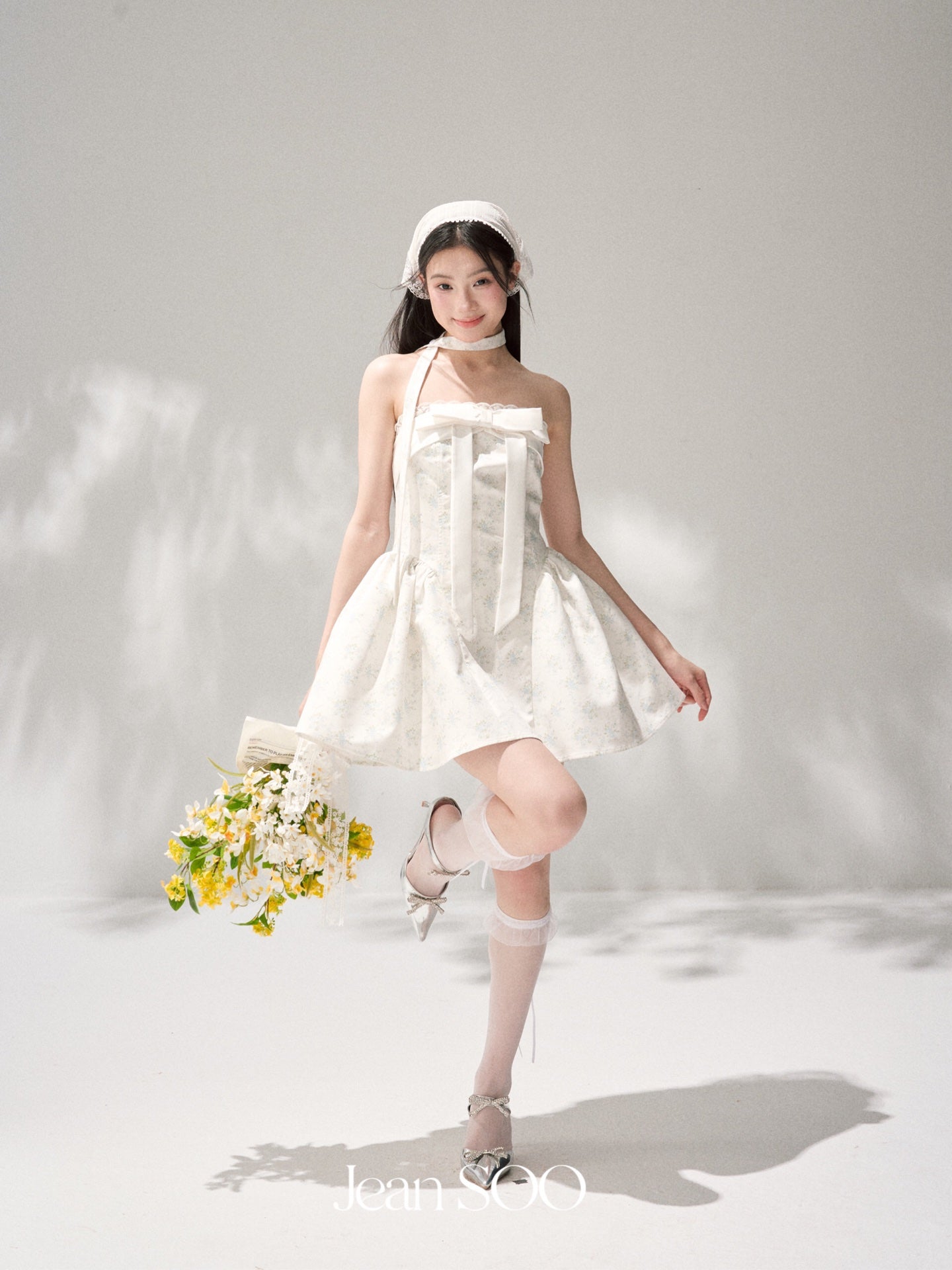 Jean Soo mint broken flower split waist lotus dress