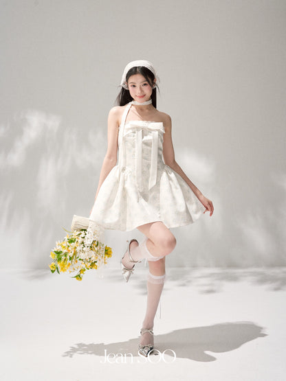 Jean Soo JS00191 Sea salt mint broken flower split waist stitching bow chest lotus skirt