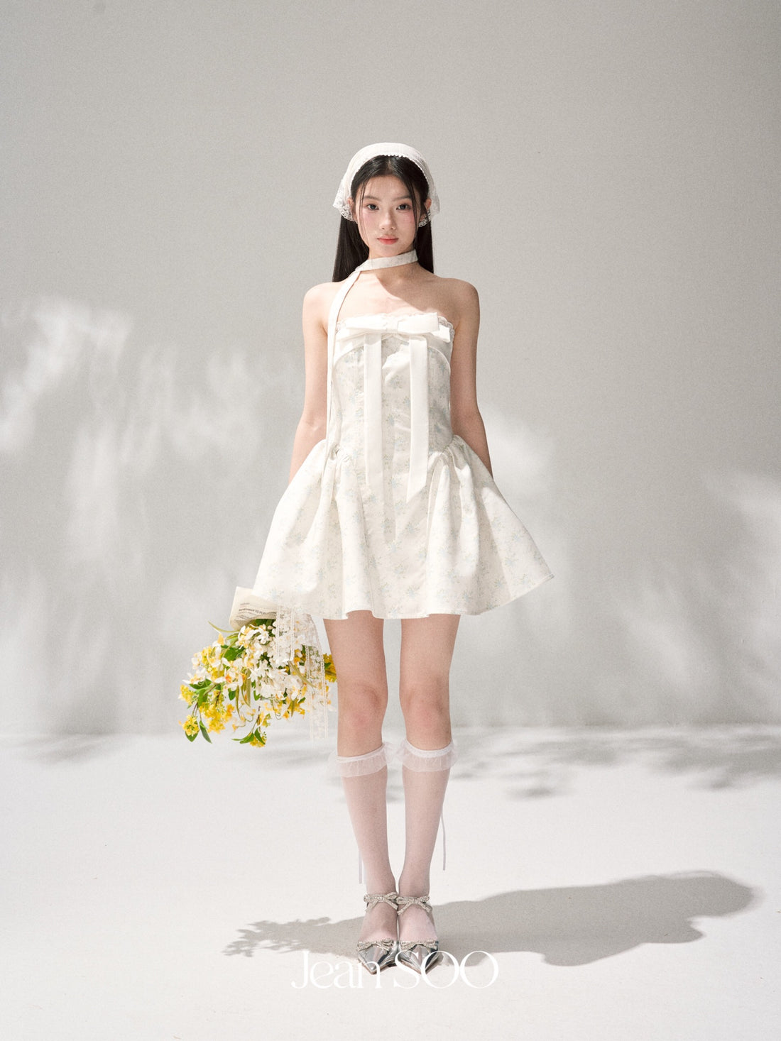 Jean Soo JS00191 Sea salt mint broken flower split waist stitching bow chest lotus skirt