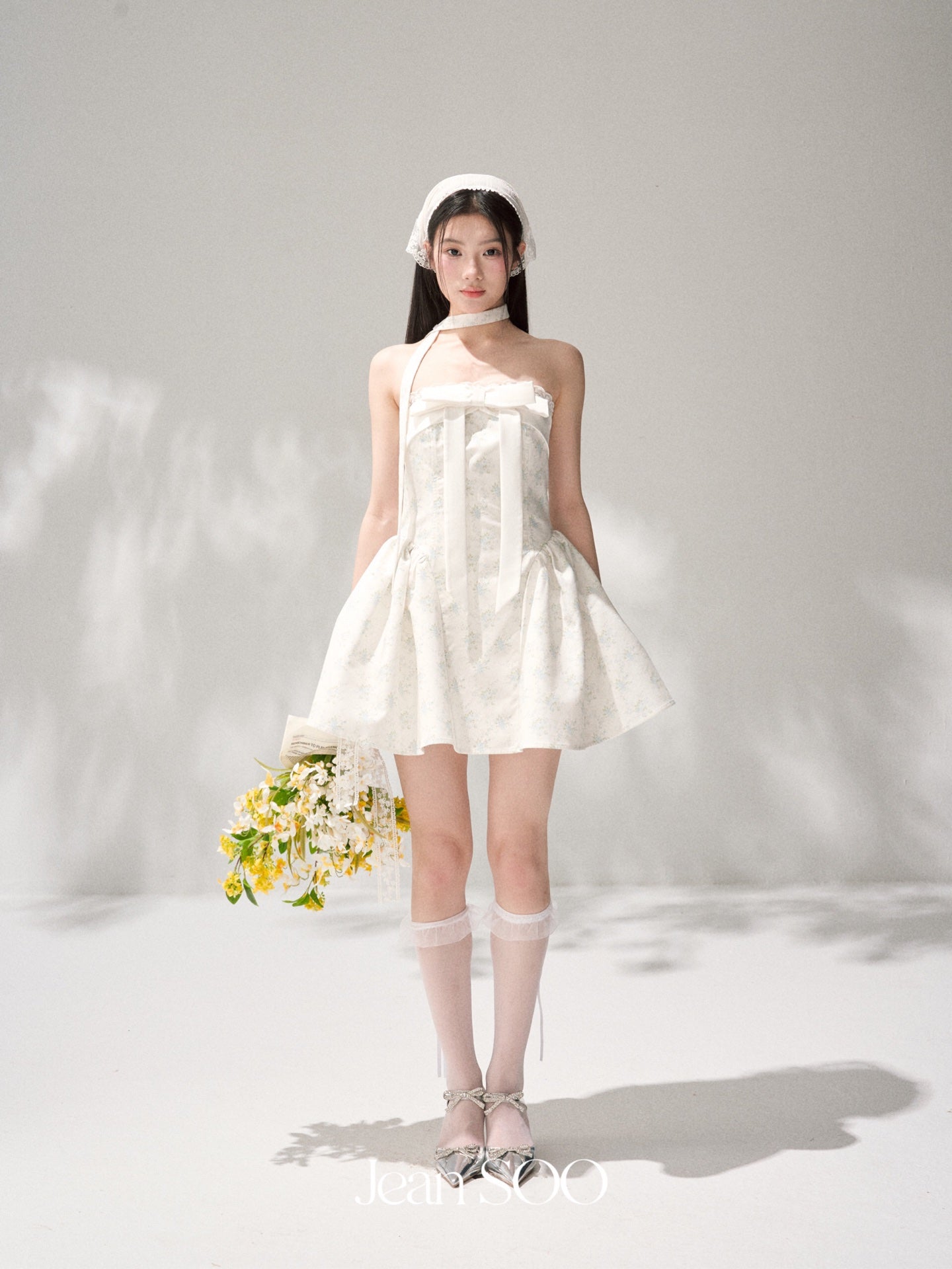 Jean Soo mint broken flower split waist lotus dress