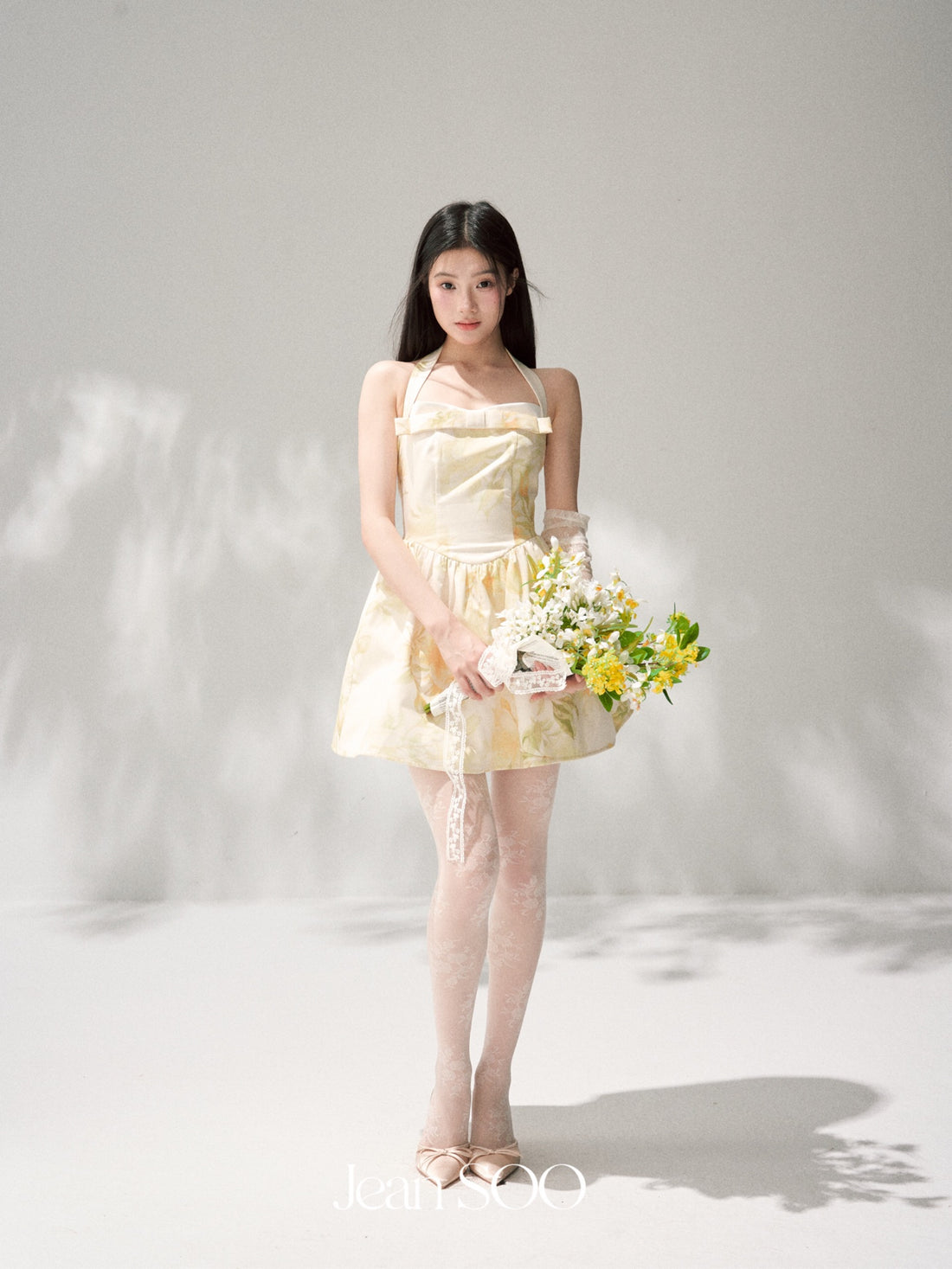 Jean Soo JS00206 Garden Holiday Waisted Hanging Neck Printed Fluffy One-piece Short Skirt