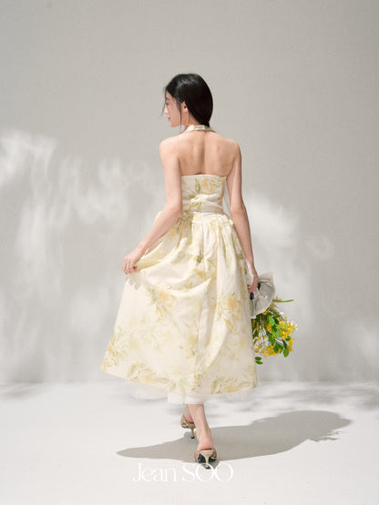 Jean Soo JS00193 Garden Holiday Waisted Hanging Neck Printed Light Dress Skirt