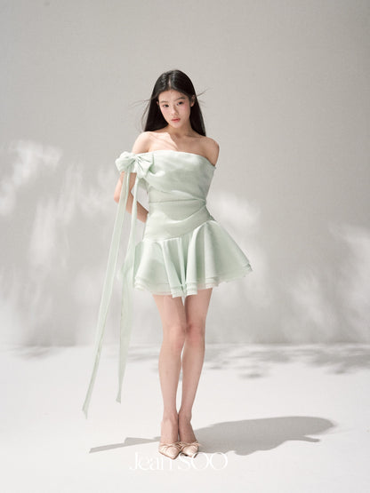 Jean Soo JS00194 Green Elf slanted shoulder pleated irregular waist fluffy skirt