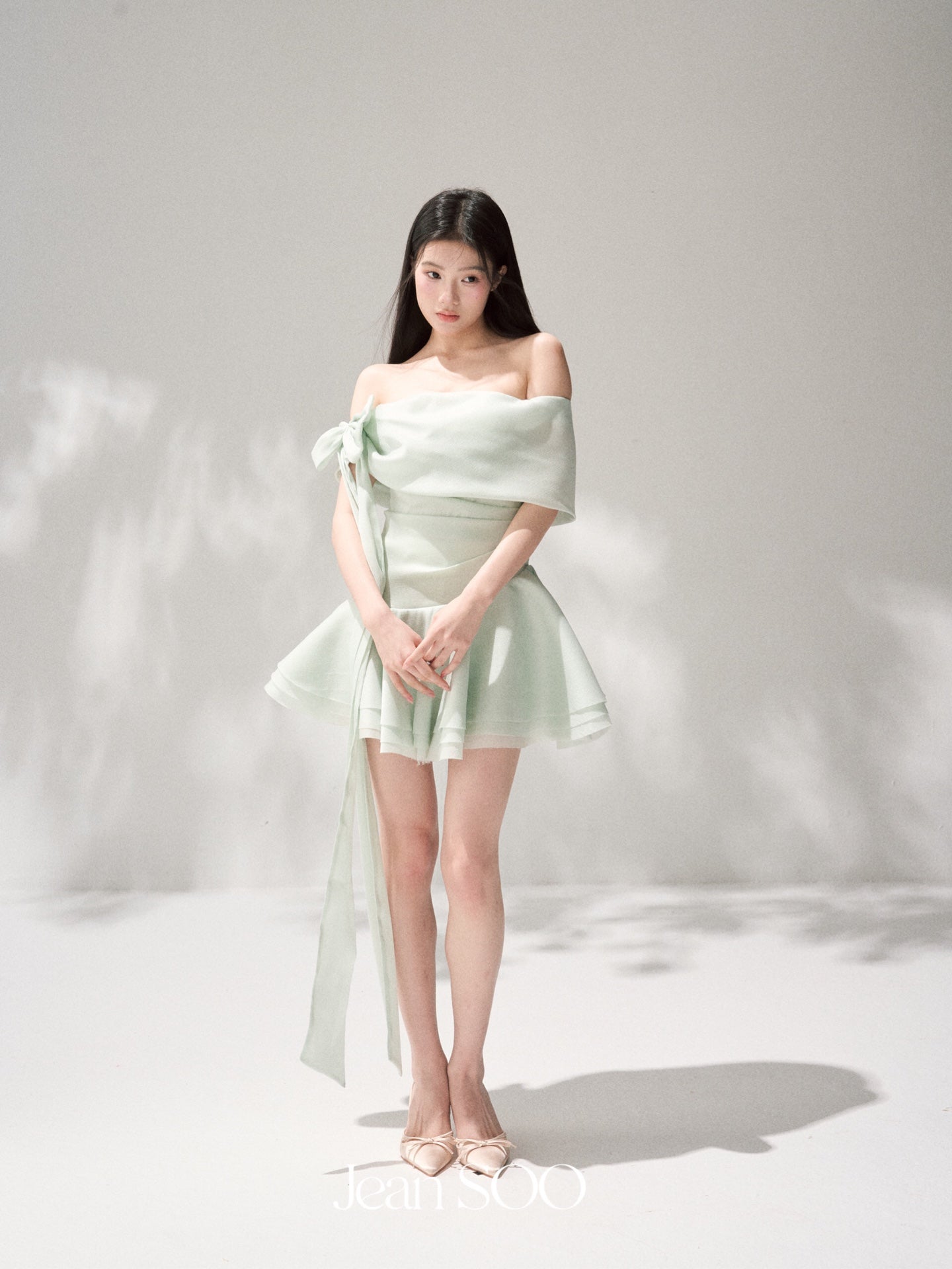 Jean Soo Green Elf slanted shoulder pleated irregular dress