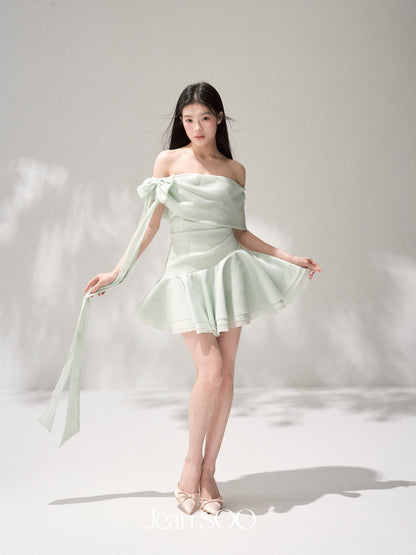 Jean Soo JS00194 Green Elf slanted shoulder pleated irregular waist fluffy skirt
