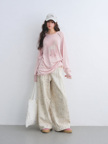 AsGony ASG26026 Tencel wool raglan sleeves with ponytail printed lace T-shirt