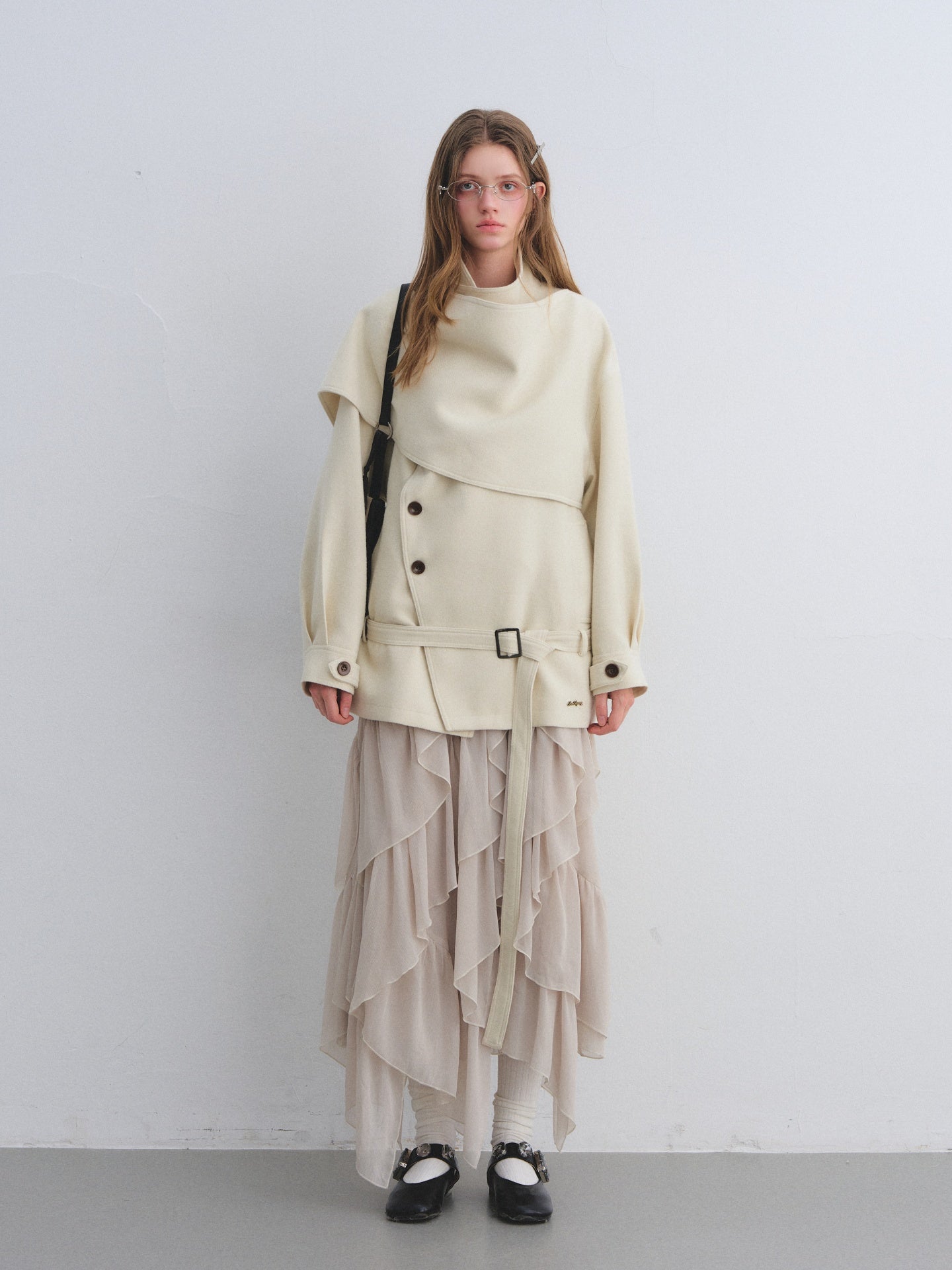 AsGony ASG25647 Woolen patchwork collar shawl woolen windbreaker