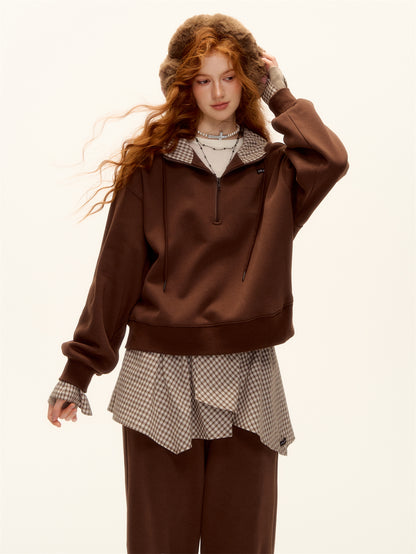 AsGony ASG24642&amp;ASG24641 Plaid patchwork fleece hoodie + pants set