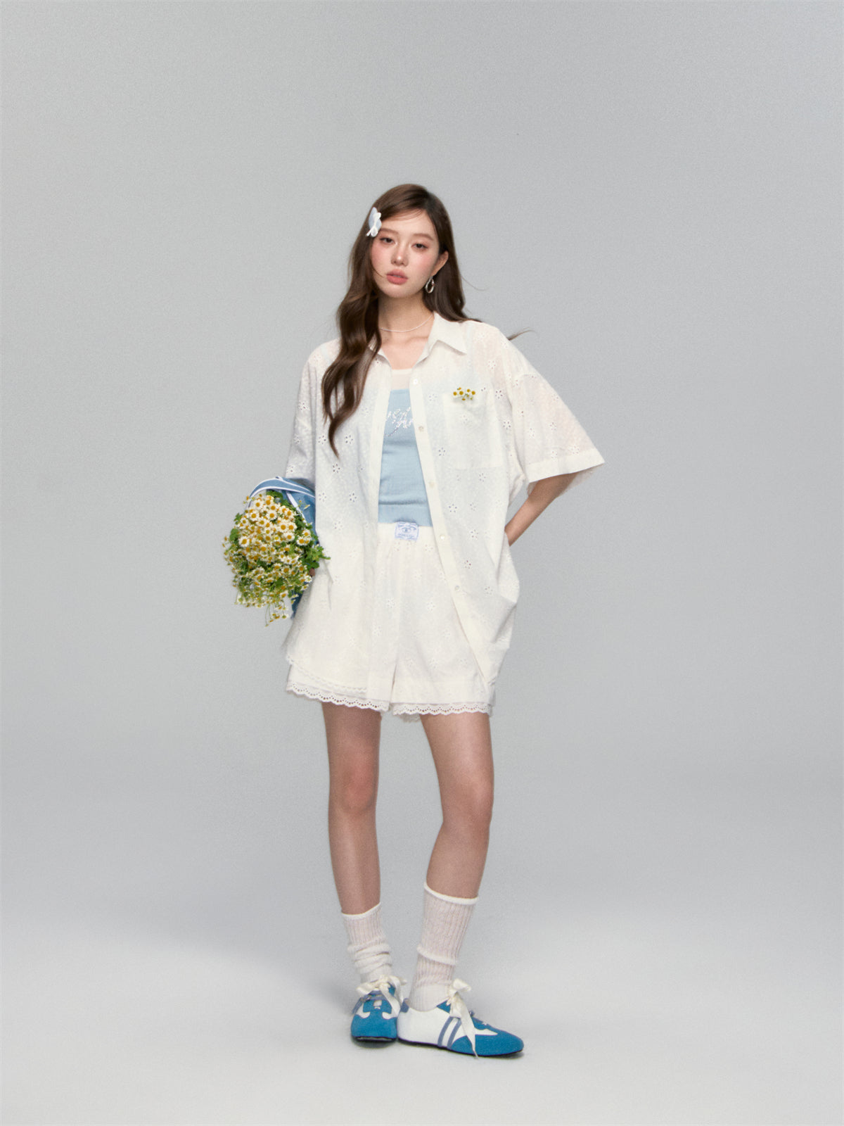 AsGony ASG25114&amp;ASG25115 Cotton loose short sleeved shirt + shorts set (seperate)