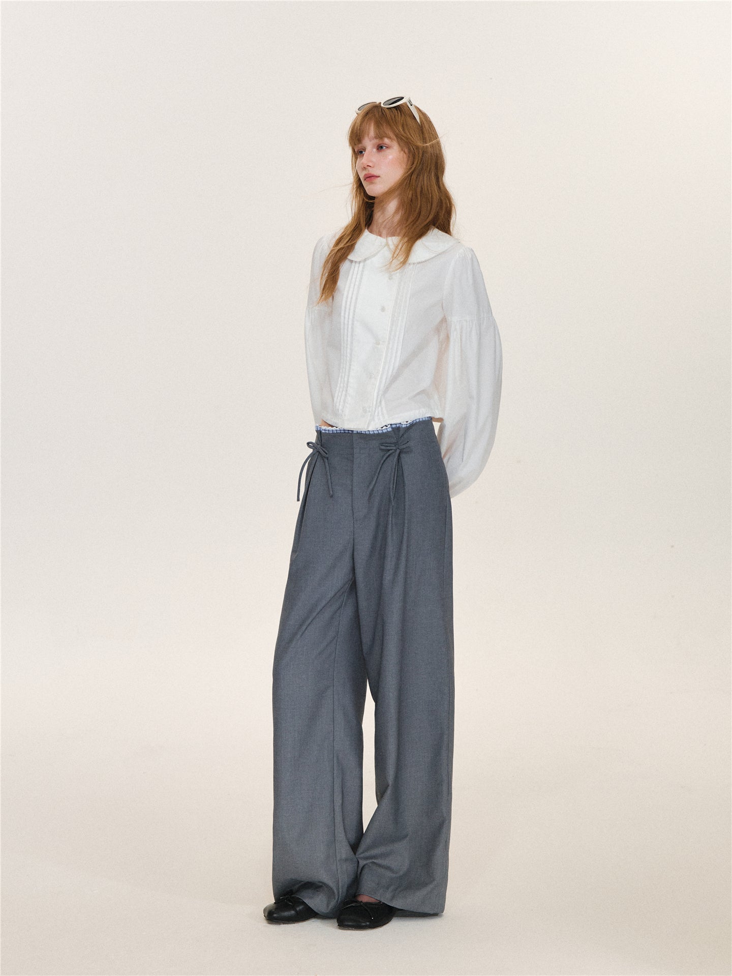 Asgony ASG26565 Tuck-Pleat Lace Trim Collar Blouse